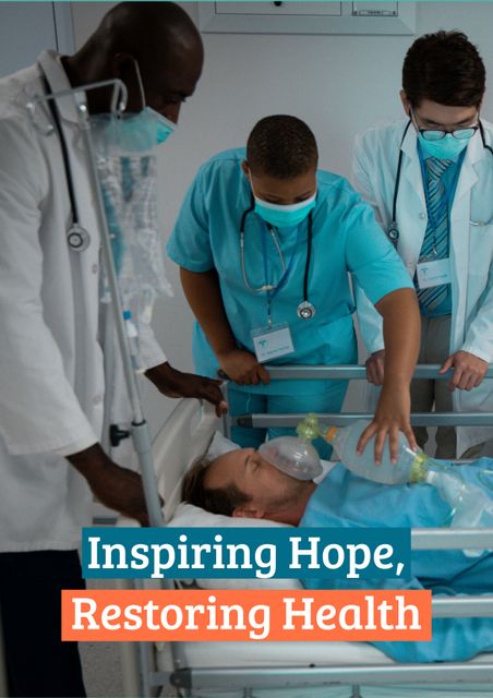 Image shows a team of doctors and medical professionals attentively treating a patient in a hospital bed. They are performing a lifesaving procedure, underlining the importance of teamwork and dedication in healthcare. This image is ideal for websites, brochures, and materials focusing on health services, emergency response, medical education, and promoting hospital facilities.