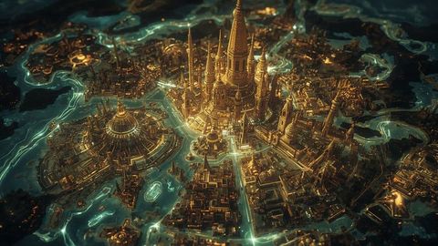 Futuristic Metropolis with Towers and Canals at Night