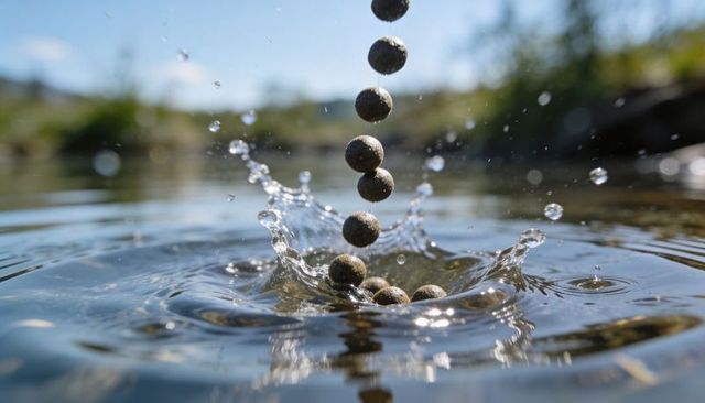 Vertical column of brown spheres creating crown splash with water droplets and reflections