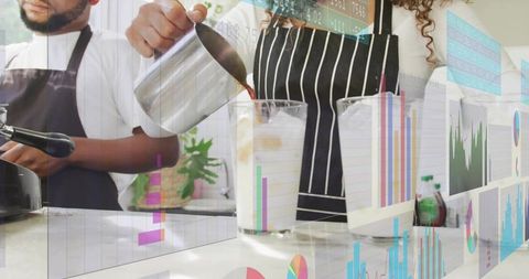 Barista pouring iced coffee with data visualization overlay for cafe business analytics