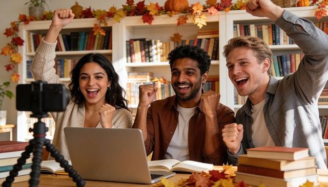 Cheering friends raising fists smiling during online celebration in cozy autumn study