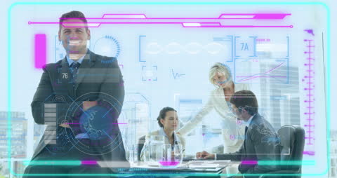 Smiling Businessman with Futuristic Interface Overlay