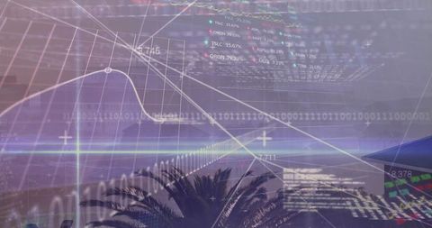 Blending financial overlay with coastal skyline at dusk, palm silhouettes and trading charts