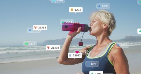 Senior Woman Drinks Water on Beach with Social Media Overlays