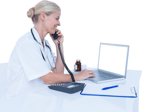 smiling female doctor using laptop and telephone transparent background - Download Free Stock Videos Pikwizard.com