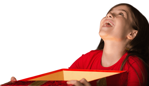 Excited Girl Opening Christmas Gift on Transparent Background