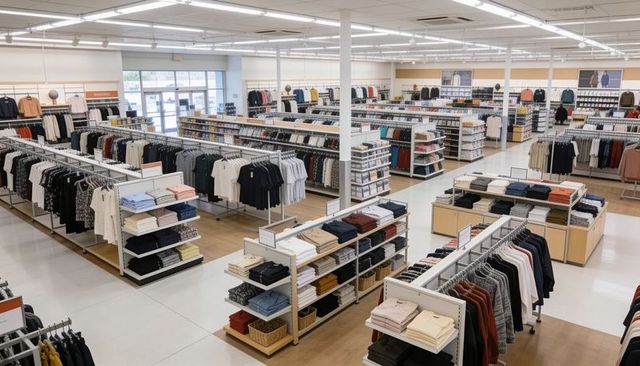 Displaying spacious minimalist clothing store interior with organized aisles and folded apparel