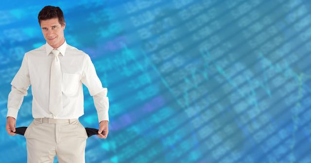 Businessman Showing Empty Pockets with Stock Market Background - Download Free Stock Photos Pikwizard.com