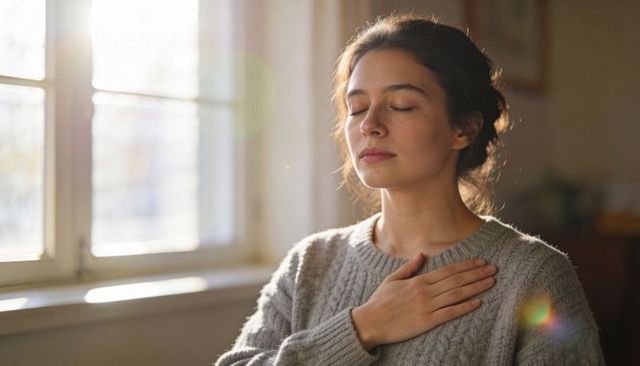 Young woman practicing mindful breathing with hand on heart in sunlit living room