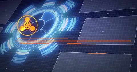 Futuristic HUD Display with Blue Rings and Orange Icon