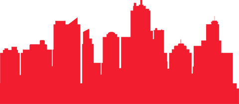 Flat red urban skyline silhouette on transparent background