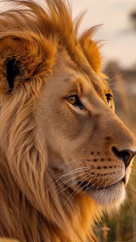 Lion Sensing Breeze and Pivoting Head Toward Camera in Golden Savannah Vertical Video