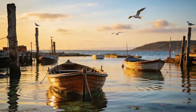 Varnished wooden rowboat glowing in sunset light at calm coastal harbor with seagulls