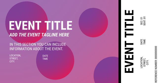 This modern event promotion template features bold text and sleek purple design elements ideal for professional events. The layout includes spaces for an event title, tagline, and details such as location, date, and time. The included ticket segment allows for easy customization. Use for corporate events, ceremonies, or cultural functions to provide attendees with essential information.