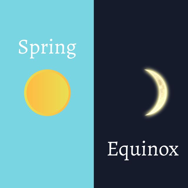 Design depicts Spring Equinox with illustrations of sun and moon on divided blue and black background, emphasizing equal day and night. Ideal for educational materials, seasonal content, and social media posts celebrating the equinox.