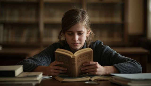 Teen girl reading vintage book at library table embracing quiet study and focused learning