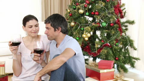 Happy Couple Enjoying Christmas at Home with Wine