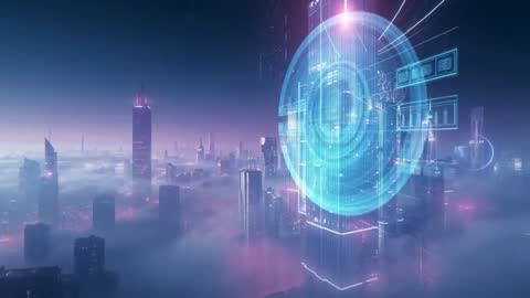 Futuristic Holographic Display in Cyberpunk Cityscape