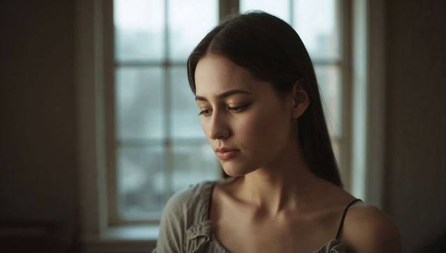 Gazing woman tilting head toward multi-pane window wearing grey off-shoulder top