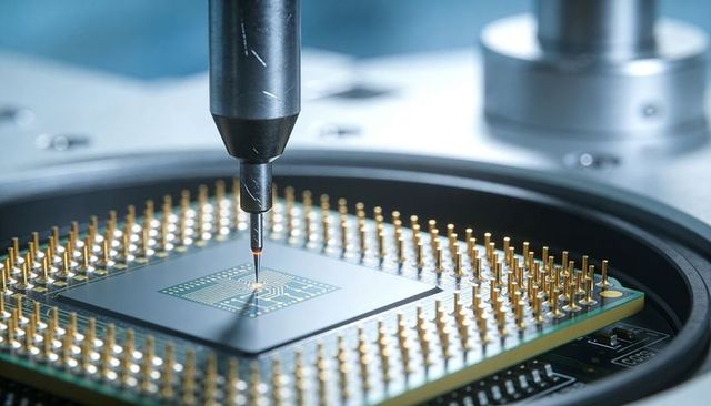 Precision probe contacting exposed semiconductor die on gold-pin package for chip testing
