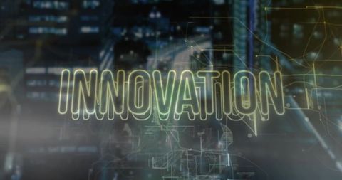 Neon Innovation Text Over Cybernetic Night Skyline
