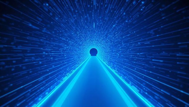 Leading Neon Digital Tunnel Showing Glowing Portal, Triangular Path and Radial Particle Trails