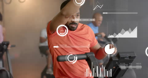 Athlete with Fitness Data Overlays on Elliptical