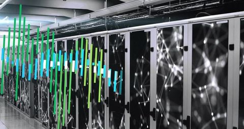 Data center server racks with digital analytics overlay and abstract network visualization