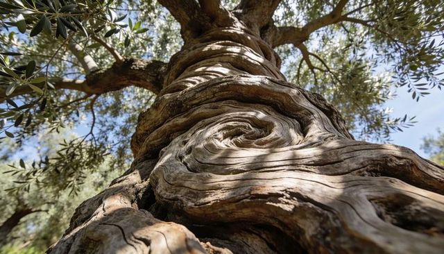 Ancient olive tree trunk spiraling upward with weathered bark and sunlit canopy