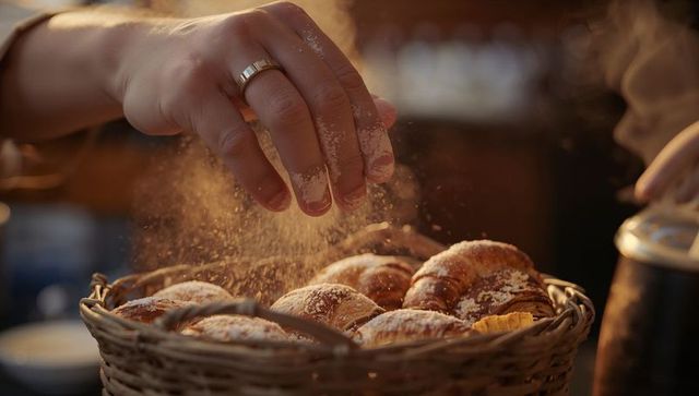 Hand sprinkling powdered sugar over fresh croissants in wicker basket, artisanal bakery