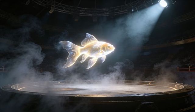 Futuristic glowing holographic goldfish hovering above circular stage under spotlight haze