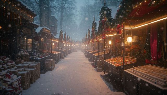 Cozy Winter Market Illuminated by Festive String Lights and Snow