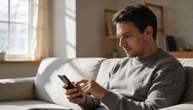 Man sitting on sofa tapping smartphone in cozy sunlit living room with bookshelf