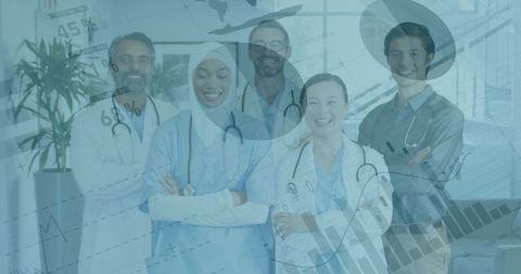 Diverse Medical Team with Data Overlay Illustrating Global Science Insights