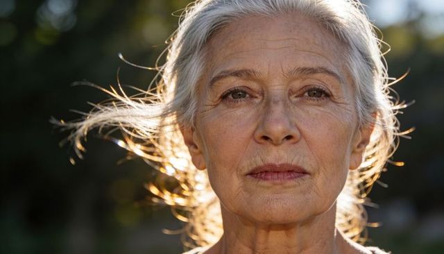 Silver-haired senior woman portrait, backlit hair, warm sunlight and serene expression