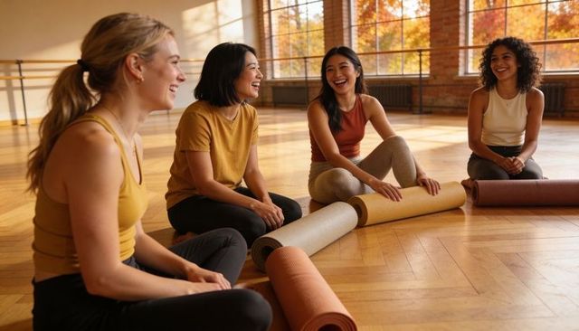 Sunlit autumn yoga circle: diverse women chatting and stretching on mats
