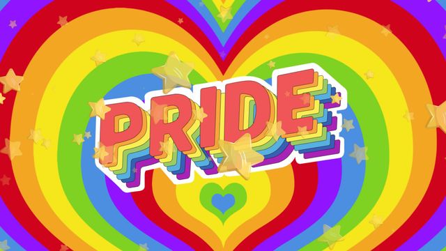 Colorful design featuring bold rainbow hearts and stars surrounding PRIDE in playful, layered text. Ideal for events, parades, and LGBTQ+ support materials. Eye-catching use of colors conveys inclusivity and unity in promotional materials showcasing Pride celebrations.