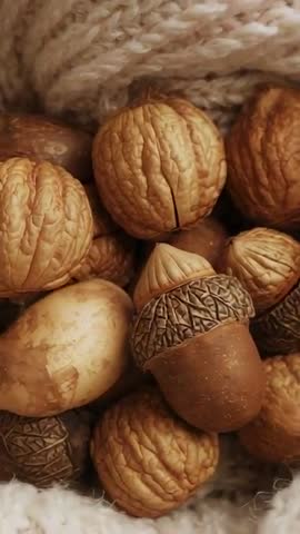 Vertical macro video panning and focusing on walnuts and acorn on cream knit blanket