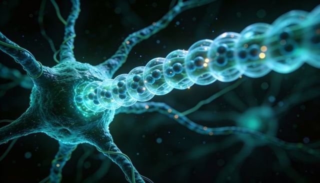 Neural signal transmission showing segmented myelin sheaths and glowing axon network