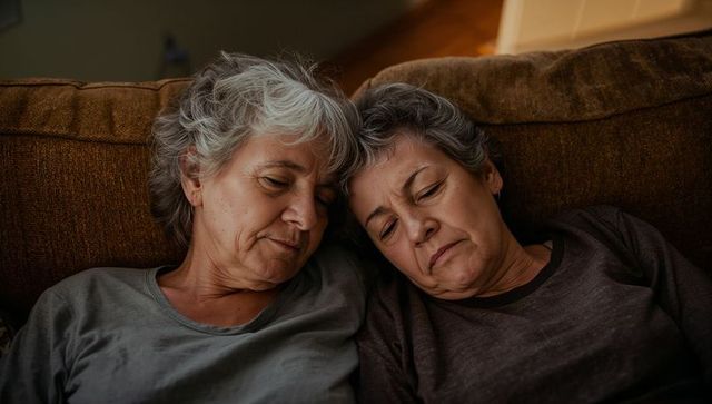 Senior women leaning heads together on brown couch showing quiet companionship and comfort