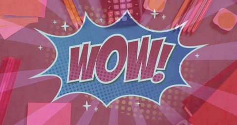 Retro Comic Style WOW Speech Bubble Over School Items