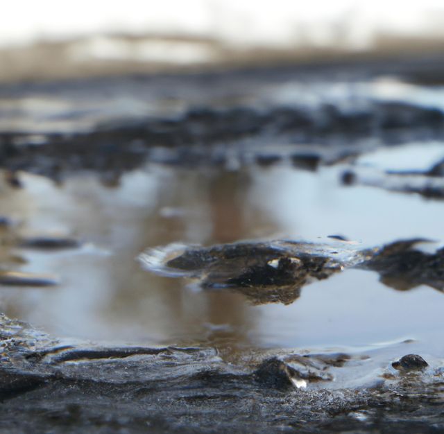 Image of close up of rain puddle with reflection and mud surround. Nature, rain, water and weather concept.