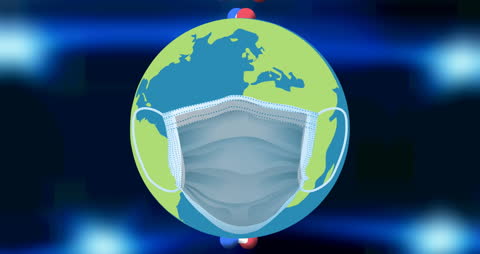Globe with Face Mask on Digital Interface Background Symbolizing Global Health