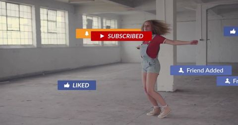 Female jumping in industrial loft with social media subscribed, liked, friend added badges