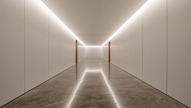 Minimalist corridor leading to vanishing point with polished marble floor and led lighting