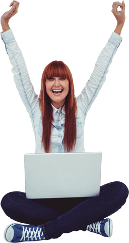 Excited Young Woman with Laptop on Transparent Background