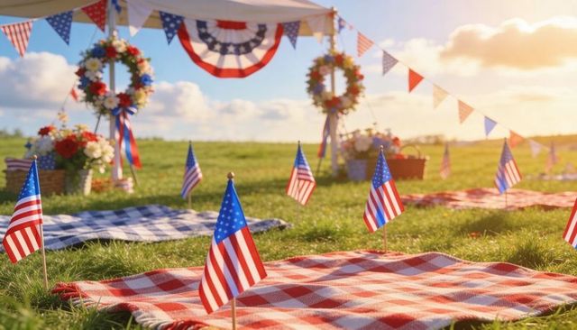 Patriotic picnic with american flags and red checkered blankets at sunset meadow