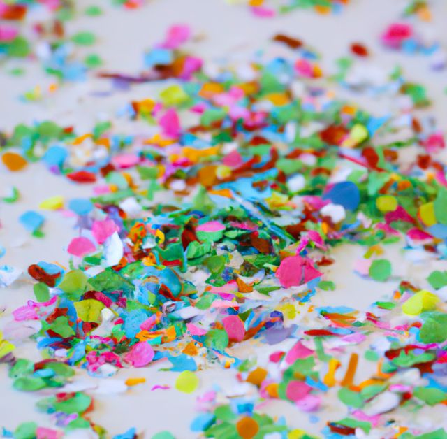 Colorful confetti scattered on a white background captures a festive scene perfect for celebrating a special occasion like a birthday, New Year's Eve, or any party event. The vibrant colors and lively arrangement evoke feelings of fun and excitement, making this photo suitable for event invitations, party planning websites, or festive promotional materials.