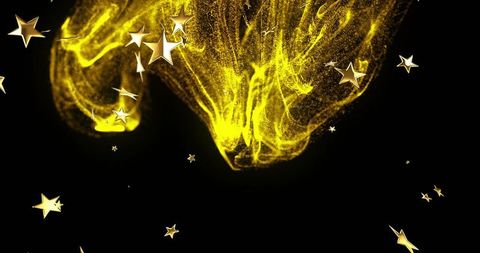 Glowing golden dust plume flowing across deep black space with metallic stars