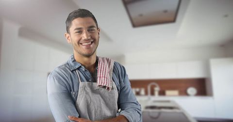 Confident Man in Kitchen Ready to Cook with Apron - Download Free Stock Images Pikwizard.com